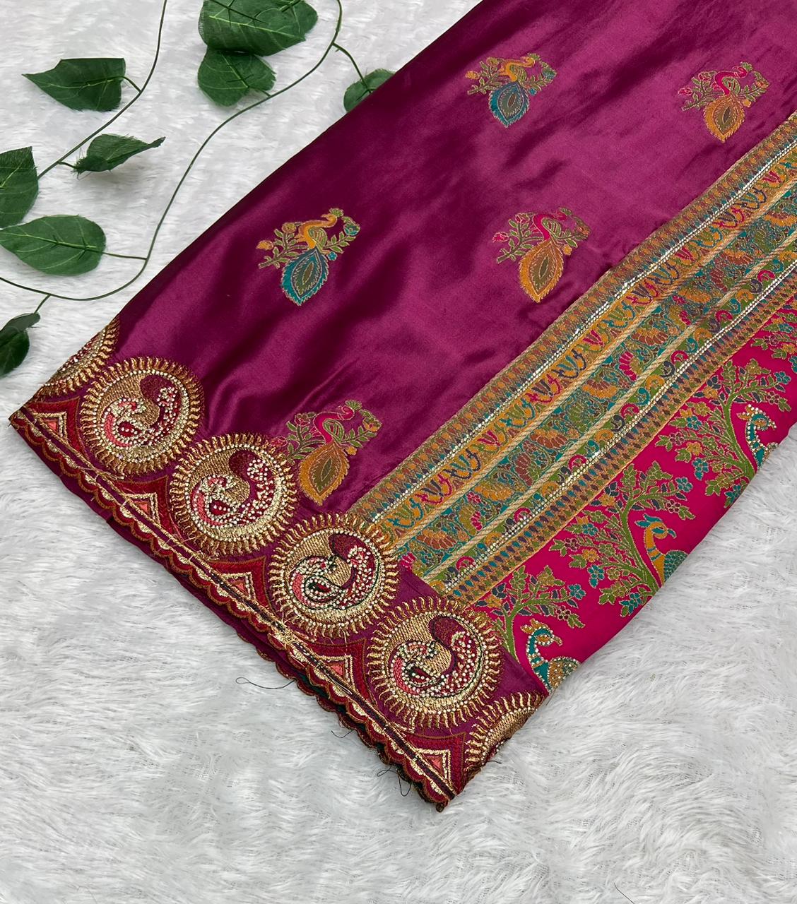 Anula Nexus Premium Satin Saree For Women | Wine Purple & Emerald Green Heavy Embroidery Designer Saree With Swarovski, Zarkhan & Sequins Work | Unstitched Blouse Piece-4