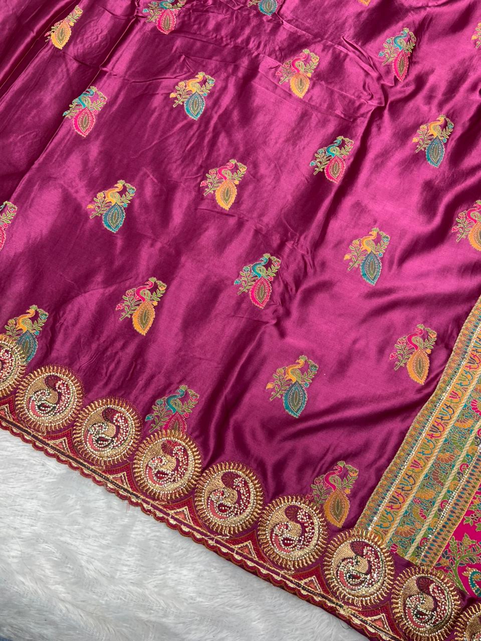 Anula Nexus Premium Satin Saree For Women | Wine Purple & Emerald Green Heavy Embroidery Designer Saree With Swarovski, Zarkhan & Sequins Work | Unstitched Blouse Piece-6