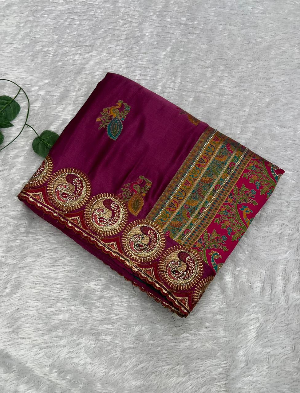 Anula Nexus Premium Satin Saree For Women | Wine Purple & Emerald Green Heavy Embroidery Designer Saree With Swarovski, Zarkhan & Sequins Work | Unstitched Blouse Piece