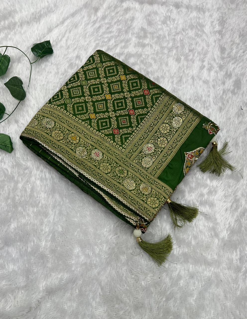 Anula Nexus Premium Viscose Bandhani Saree For Women | Bottle Green Designer Saree With Heavy Zarkhan Work & Tassels | Wedding & Festive Wear | Unstitched Blouse Piece-2