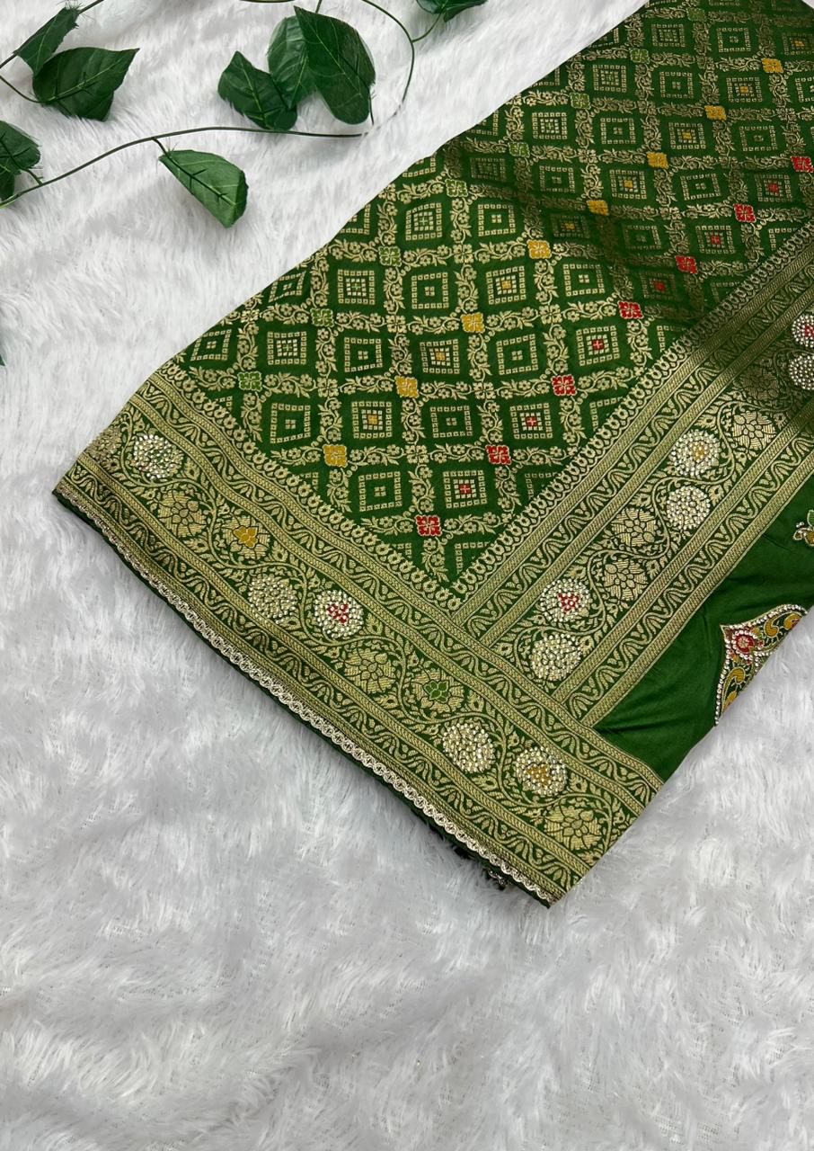 Anula Nexus Premium Viscose Bandhani Saree For Women | Bottle Green Designer Saree With Heavy Zarkhan Work & Tassels | Wedding & Festive Wear | Unstitched Blouse Piece-4