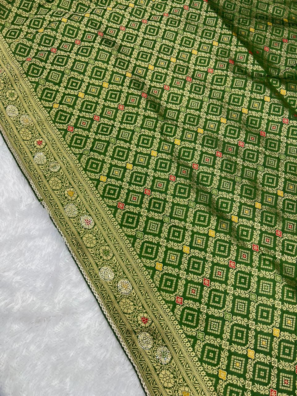 Anula Nexus Premium Viscose Bandhani Saree For Women | Bottle Green Designer Saree With Heavy Zarkhan Work & Tassels | Wedding & Festive Wear | Unstitched Blouse Piece-6