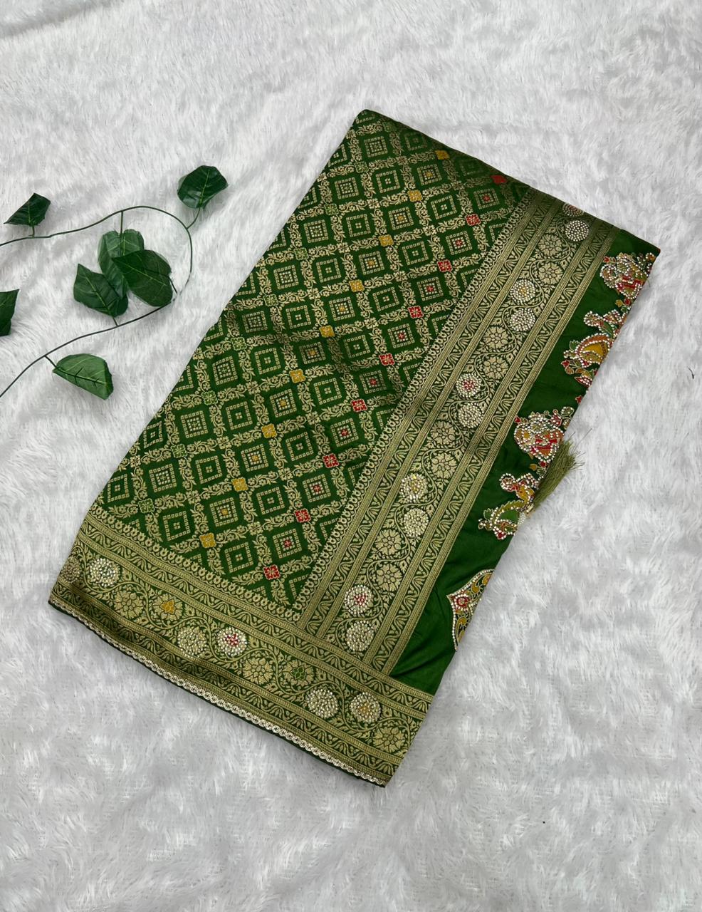 Anula Nexus Premium Viscose Bandhani Saree For Women | Bottle Green Designer Saree With Heavy Zarkhan Work & Tassels | Wedding & Festive Wear | Unstitched Blouse Piece