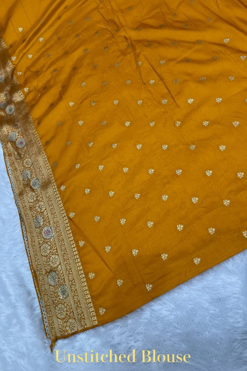 Anula Nexus Premium Viscose Bandhani Saree For Women | Mustard Yellow Designer Saree With Heavy Zarkhan Work & Tassels | Wedding & Festive Wear | Unstitched Blouse Piece-1