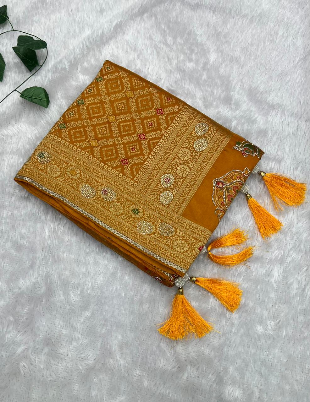 Anula Nexus Premium Viscose Bandhani Saree For Women | Mustard Yellow Designer Saree With Heavy Zarkhan Work & Tassels | Wedding & Festive Wear | Unstitched Blouse Piece-2