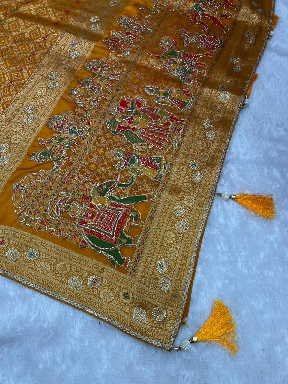 Anula Nexus Premium Viscose Bandhani Saree For Women | Mustard Yellow Designer Saree With Heavy Zarkhan Work & Tassels | Wedding & Festive Wear | Unstitched Blouse Piece-3