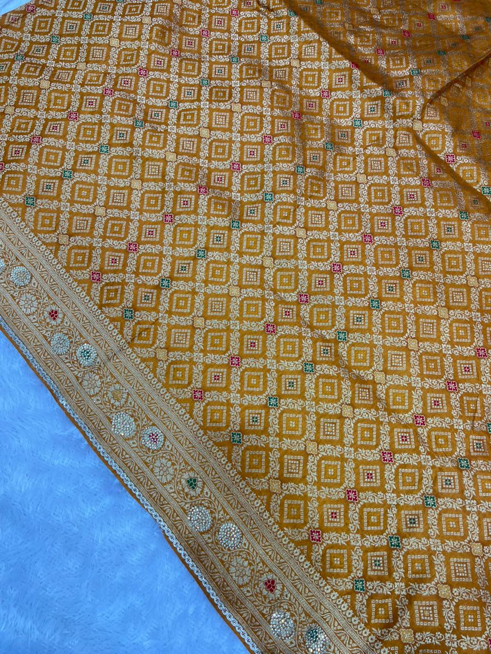 Anula Nexus Premium Viscose Bandhani Saree For Women | Mustard Yellow Designer Saree With Heavy Zarkhan Work & Tassels | Wedding & Festive Wear | Unstitched Blouse Piece-4