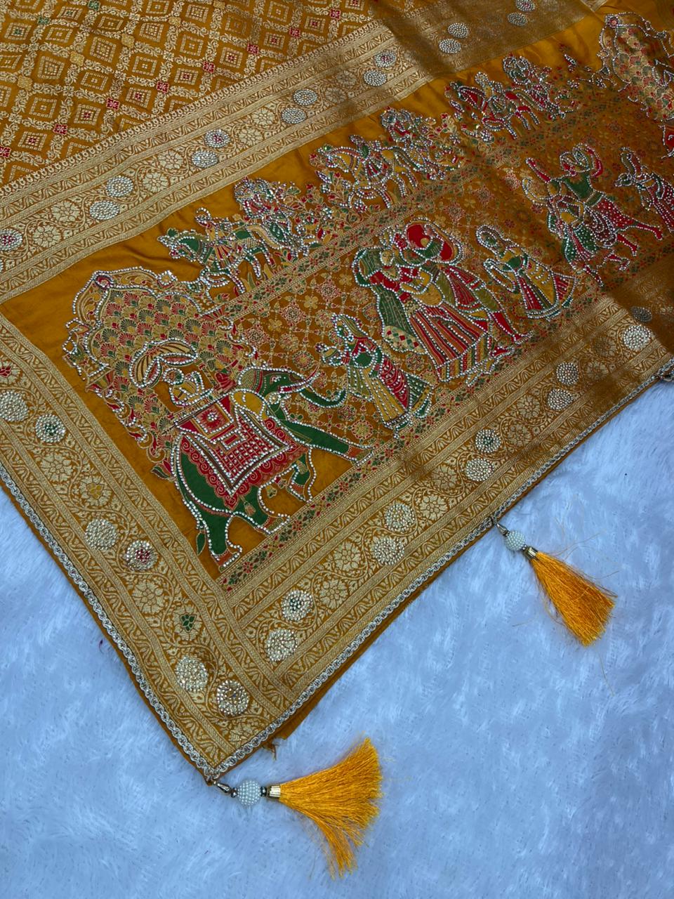Anula Nexus Premium Viscose Bandhani Saree For Women | Mustard Yellow Designer Saree With Heavy Zarkhan Work & Tassels | Wedding & Festive Wear | Unstitched Blouse Piece-5