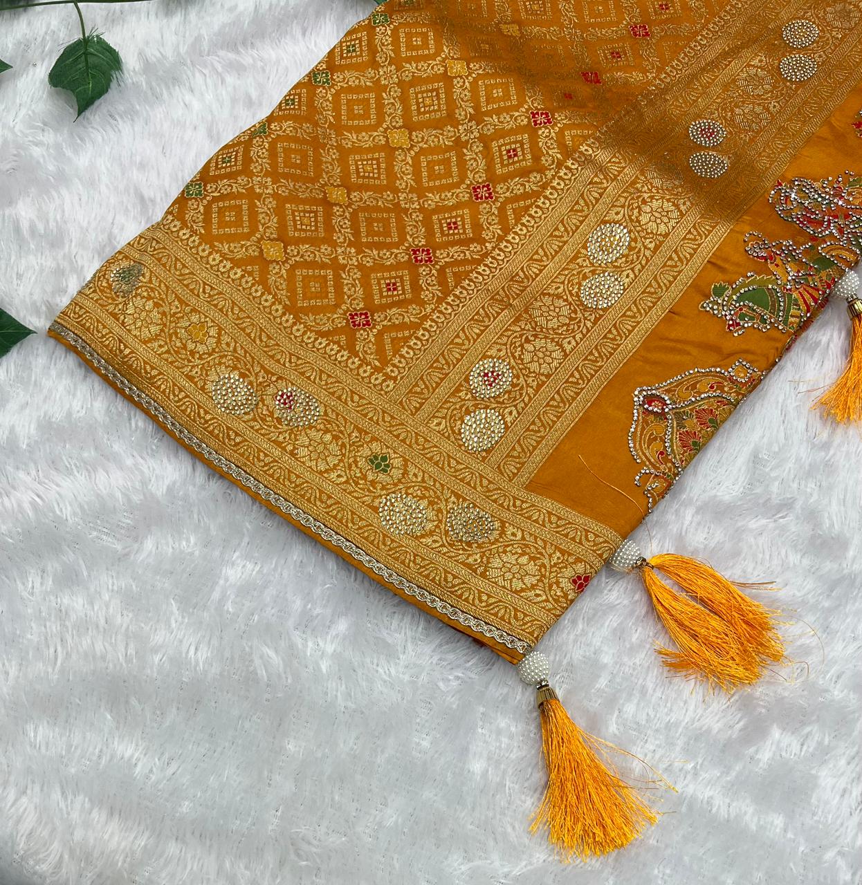 Anula Nexus Premium Viscose Bandhani Saree For Women | Mustard Yellow Designer Saree With Heavy Zarkhan Work & Tassels | Wedding & Festive Wear | Unstitched Blouse Piece-6