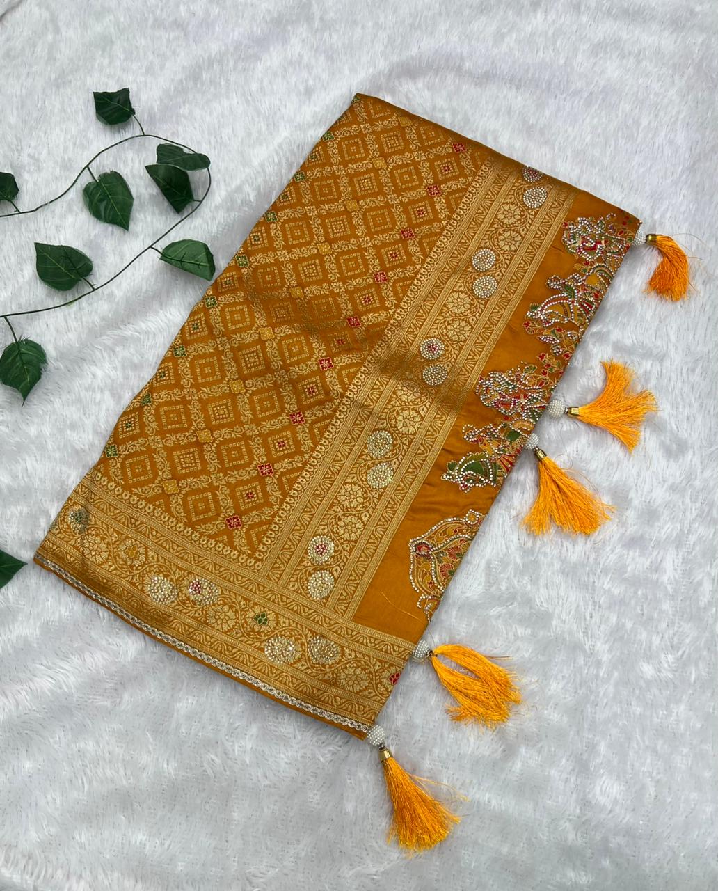 Anula Nexus Premium Viscose Bandhani Saree For Women | Mustard Yellow Designer Saree With Heavy Zarkhan Work & Tassels | Wedding & Festive Wear | Unstitched Blouse Piece