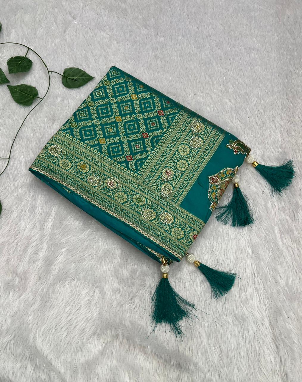 Anula Nexus Premium Viscose Bandhani Saree For Women | Peacock Green Designer Saree With Heavy Zarkhan Work & Tassels | Wedding & Festive Wear | Unstitched Blouse Piece-2