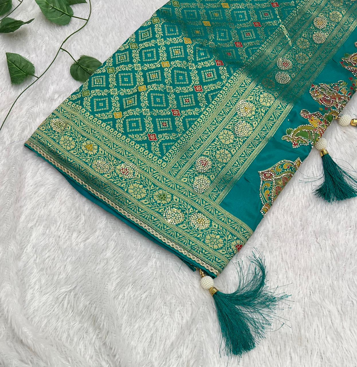 Anula Nexus Premium Viscose Bandhani Saree For Women | Peacock Green Designer Saree With Heavy Zarkhan Work & Tassels | Wedding & Festive Wear | Unstitched Blouse Piece-5