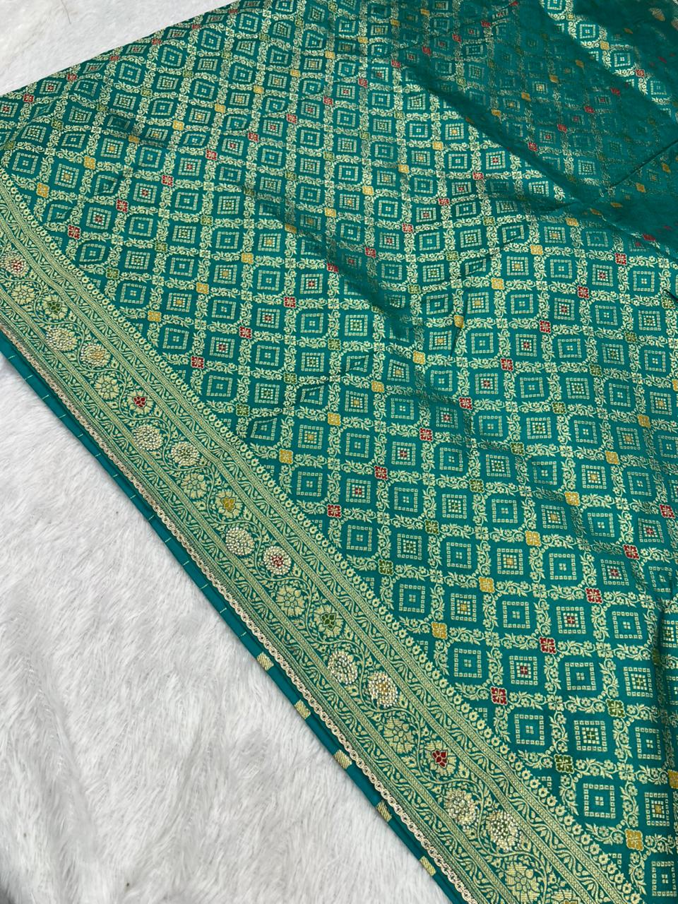 Anula Nexus Premium Viscose Bandhani Saree For Women | Peacock Green Designer Saree With Heavy Zarkhan Work & Tassels | Wedding & Festive Wear | Unstitched Blouse Piece-8