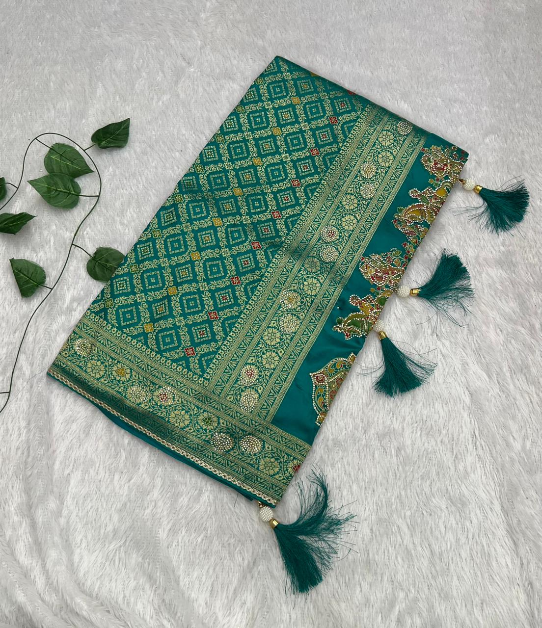 Anula Nexus Premium Viscose Bandhani Saree For Women | Peacock Green Designer Saree With Heavy Zarkhan Work & Tassels | Wedding & Festive Wear | Unstitched Blouse Piece