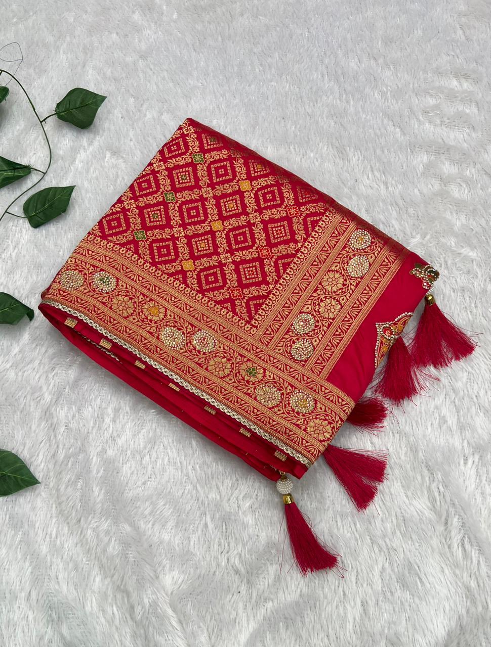 Anula Nexus Premium Viscose Bandhani Saree For Women | Rani Pink Designer Saree With Heavy Zarkhan Work & Tassels | Wedding & Festive Wear | Unstitched Blouse Piece-2
