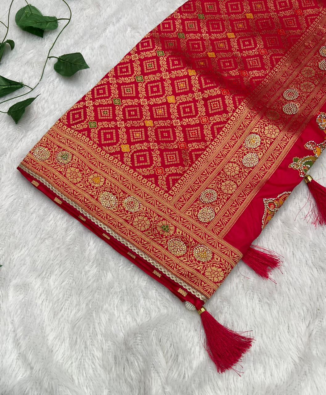 Anula Nexus Premium Viscose Bandhani Saree For Women | Rani Pink Designer Saree With Heavy Zarkhan Work & Tassels | Wedding & Festive Wear | Unstitched Blouse Piece-4