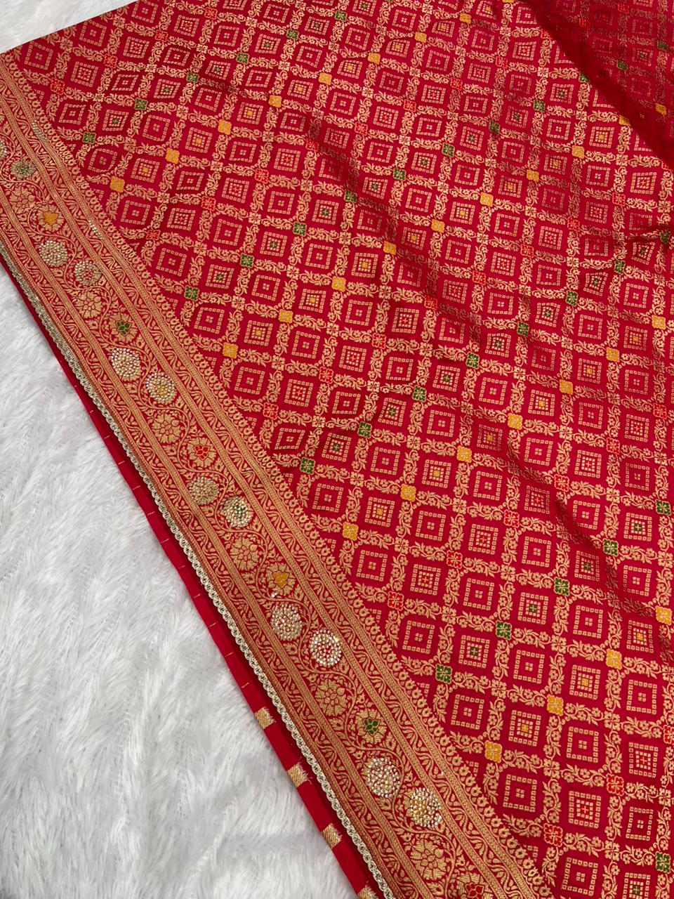 Anula Nexus Premium Viscose Bandhani Saree For Women | Rani Pink Designer Saree With Heavy Zarkhan Work & Tassels | Wedding & Festive Wear | Unstitched Blouse Piece-6