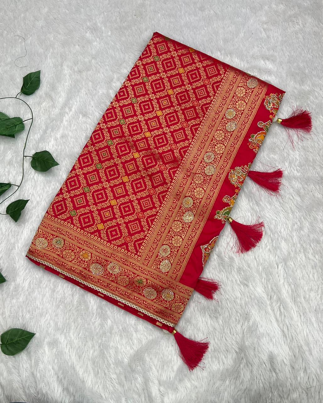 Anula Nexus Premium Viscose Bandhani Saree For Women | Rani Pink Designer Saree With Heavy Zarkhan Work & Tassels | Wedding & Festive Wear | Unstitched Blouse Piece