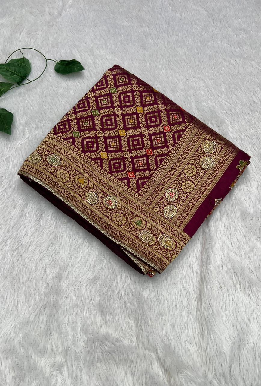 Anula Nexus Premium Viscose Bandhani Saree For Women | Wine Maroon Designer Saree With Heavy Zarkhan Work & Tassels | Wedding & Festive Wear | Unstitched Blouse Piece-2