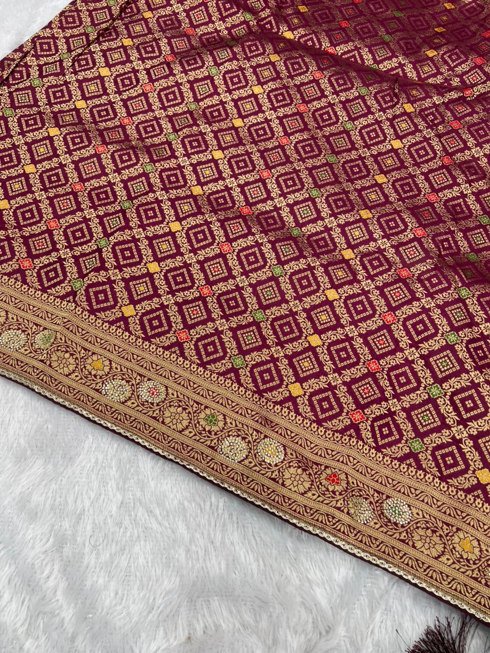 Anula Nexus Premium Viscose Bandhani Saree For Women | Wine Maroon Designer Saree With Heavy Zarkhan Work & Tassels | Wedding & Festive Wear | Unstitched Blouse Piece-4