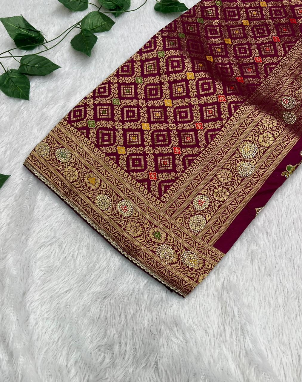 Anula Nexus Premium Viscose Bandhani Saree For Women | Wine Maroon Designer Saree With Heavy Zarkhan Work & Tassels | Wedding & Festive Wear | Unstitched Blouse Piece-6