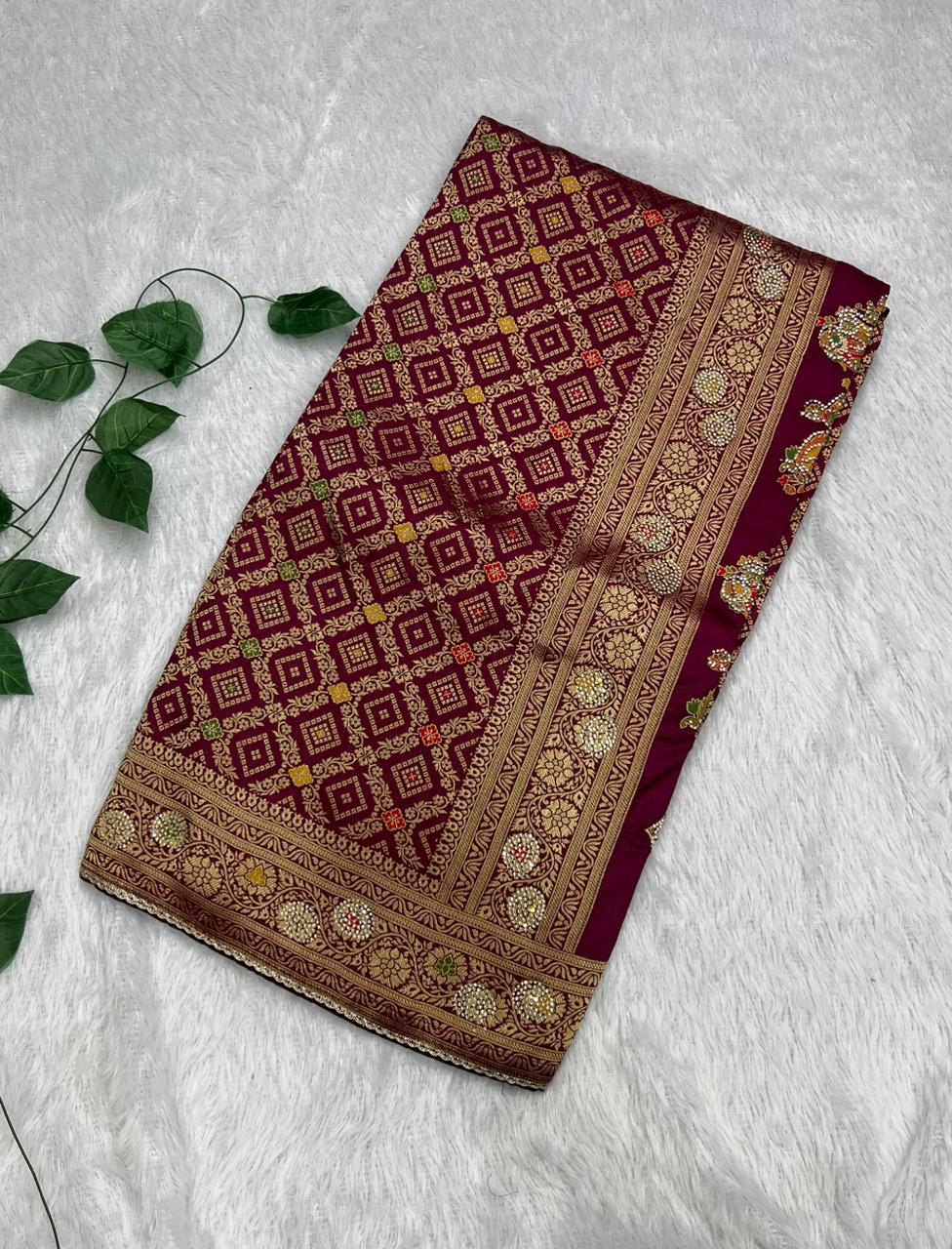 Anula Nexus Premium Viscose Bandhani Saree For Women | Wine Maroon Designer Saree With Heavy Zarkhan Work & Tassels | Wedding & Festive Wear | Unstitched Blouse Piece