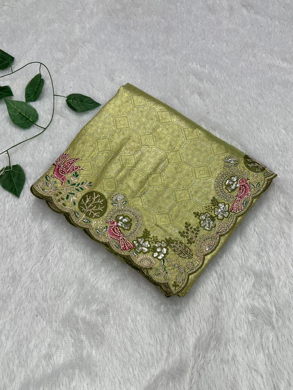 Anula Nexus Premium Viscose Satin Saree for Women | Olive Green & Gold Designer Saree With Swarovski, Zarkhan & Sequins Work | Unstitched Blouse Piece-2