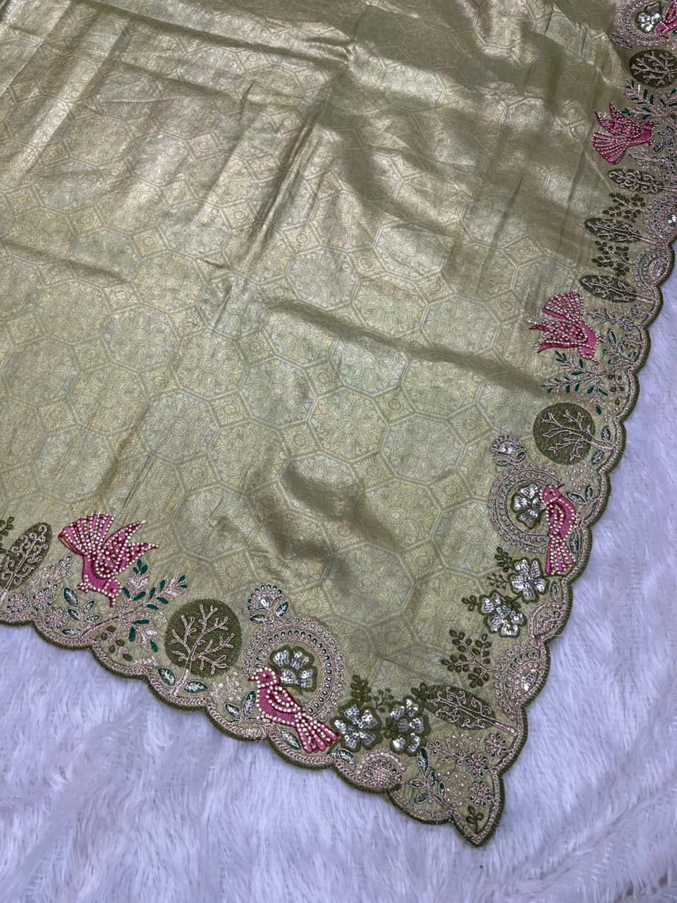 Anula Nexus Premium Viscose Satin Saree for Women | Olive Green & Gold Designer Saree With Swarovski, Zarkhan & Sequins Work | Unstitched Blouse Piece-3