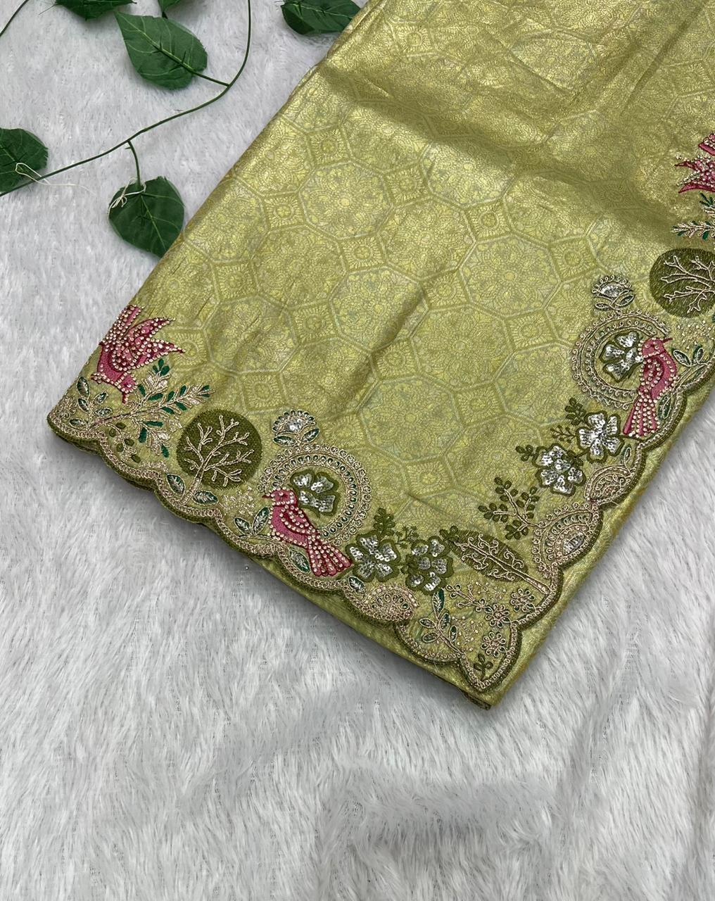 Anula Nexus Premium Viscose Satin Saree for Women | Olive Green & Gold Designer Saree With Swarovski, Zarkhan & Sequins Work | Unstitched Blouse Piece-4