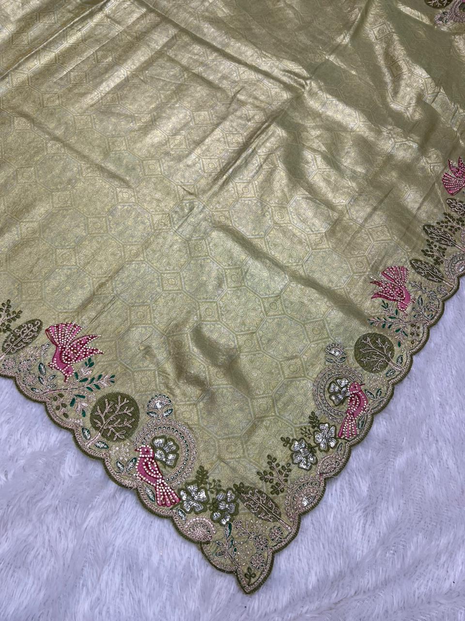 Anula Nexus Premium Viscose Satin Saree for Women | Olive Green & Gold Designer Saree With Swarovski, Zarkhan & Sequins Work | Unstitched Blouse Piece-5