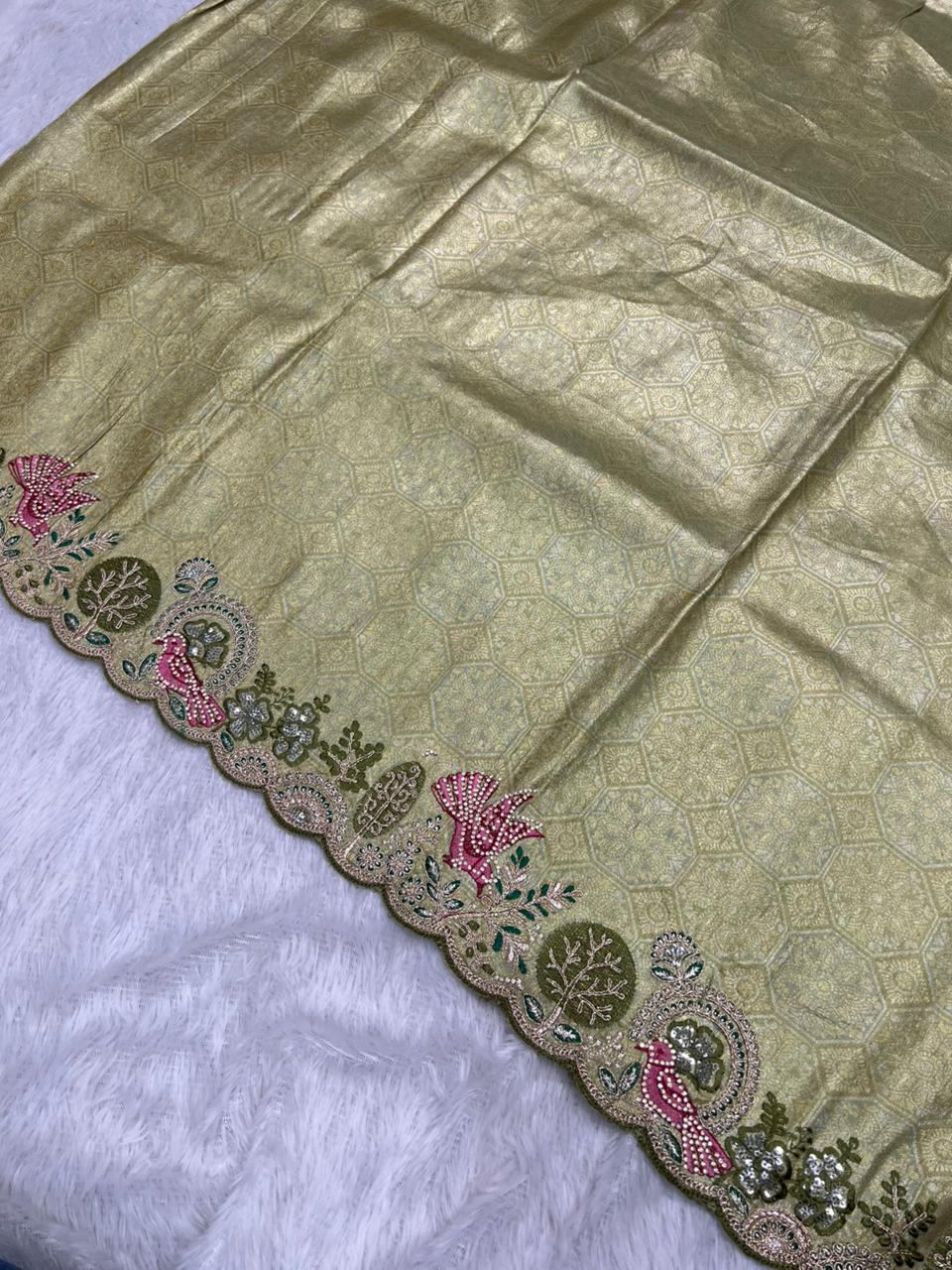 Anula Nexus Premium Viscose Satin Saree for Women | Olive Green & Gold Designer Saree With Swarovski, Zarkhan & Sequins Work | Unstitched Blouse Piece-6