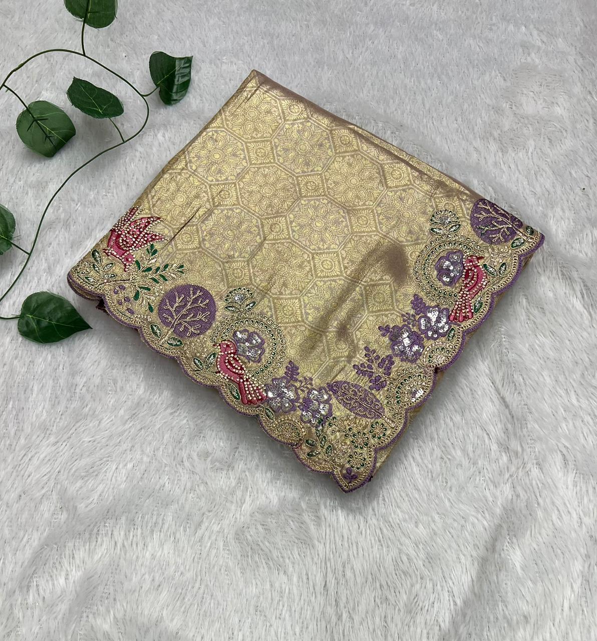 Anula Nexus Premium Viscose Satin Saree for Women | Purple & Gold Designer Saree With Swarovski, Zarkhan & Sequins Work | Unstitched Blouse Piece-2