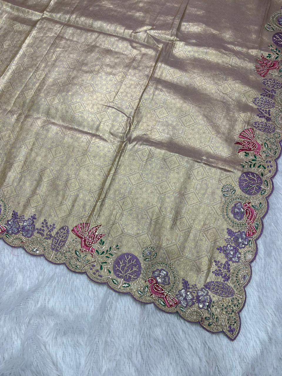 Anula Nexus Premium Viscose Satin Saree for Women | Purple & Gold Designer Saree With Swarovski, Zarkhan & Sequins Work | Unstitched Blouse Piece-4