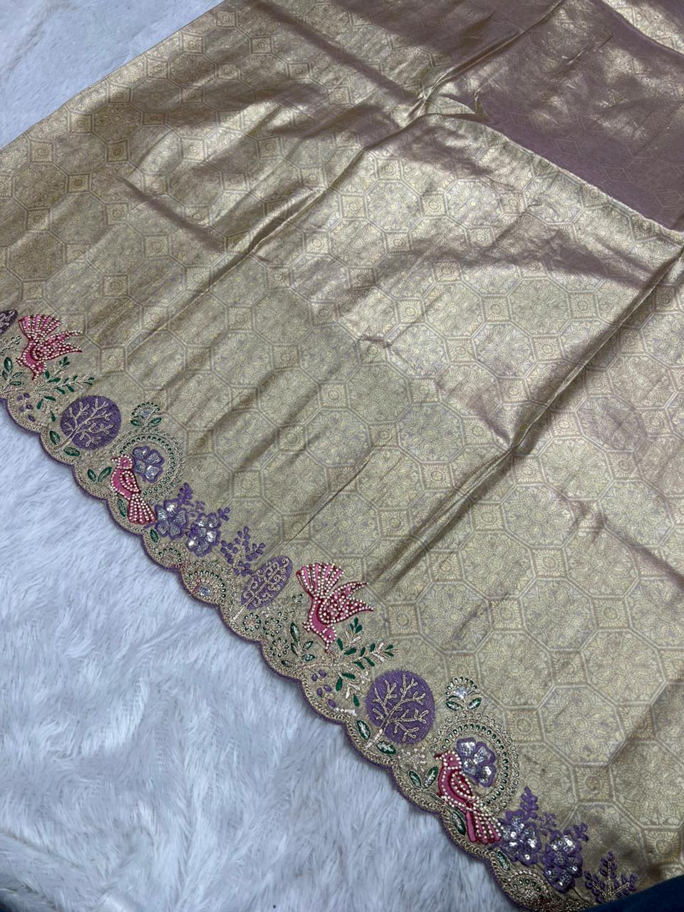 Anula Nexus Premium Viscose Satin Saree for Women | Purple & Gold Designer Saree With Swarovski, Zarkhan & Sequins Work | Unstitched Blouse Piece-5
