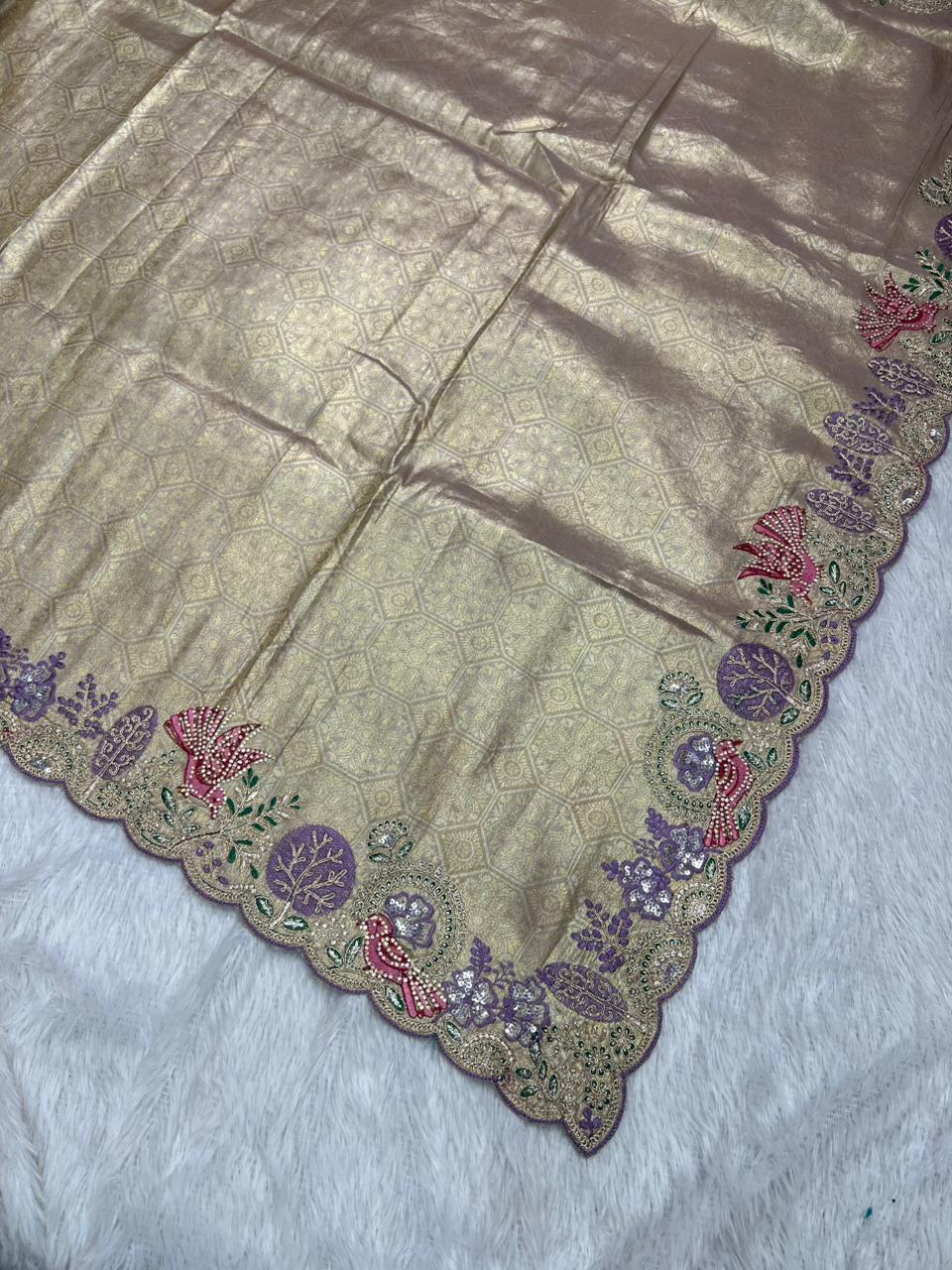 Anula Nexus Premium Viscose Satin Saree for Women | Purple & Gold Designer Saree With Swarovski, Zarkhan & Sequins Work | Unstitched Blouse Piece-6