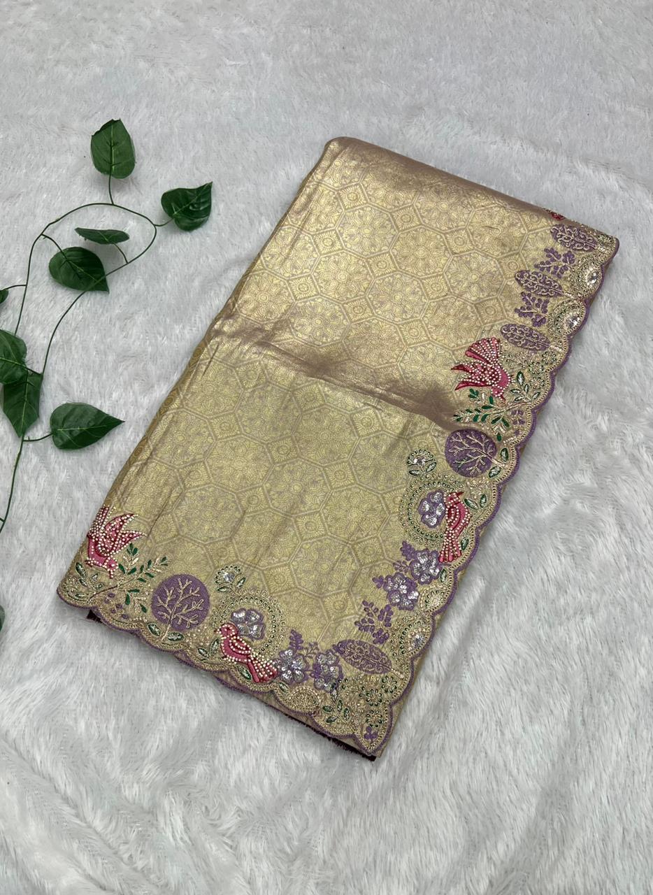 Anula Nexus Premium Viscose Satin Saree for Women | Purple & Gold Designer Saree With Swarovski, Zarkhan & Sequins Work | Unstitched Blouse Piece