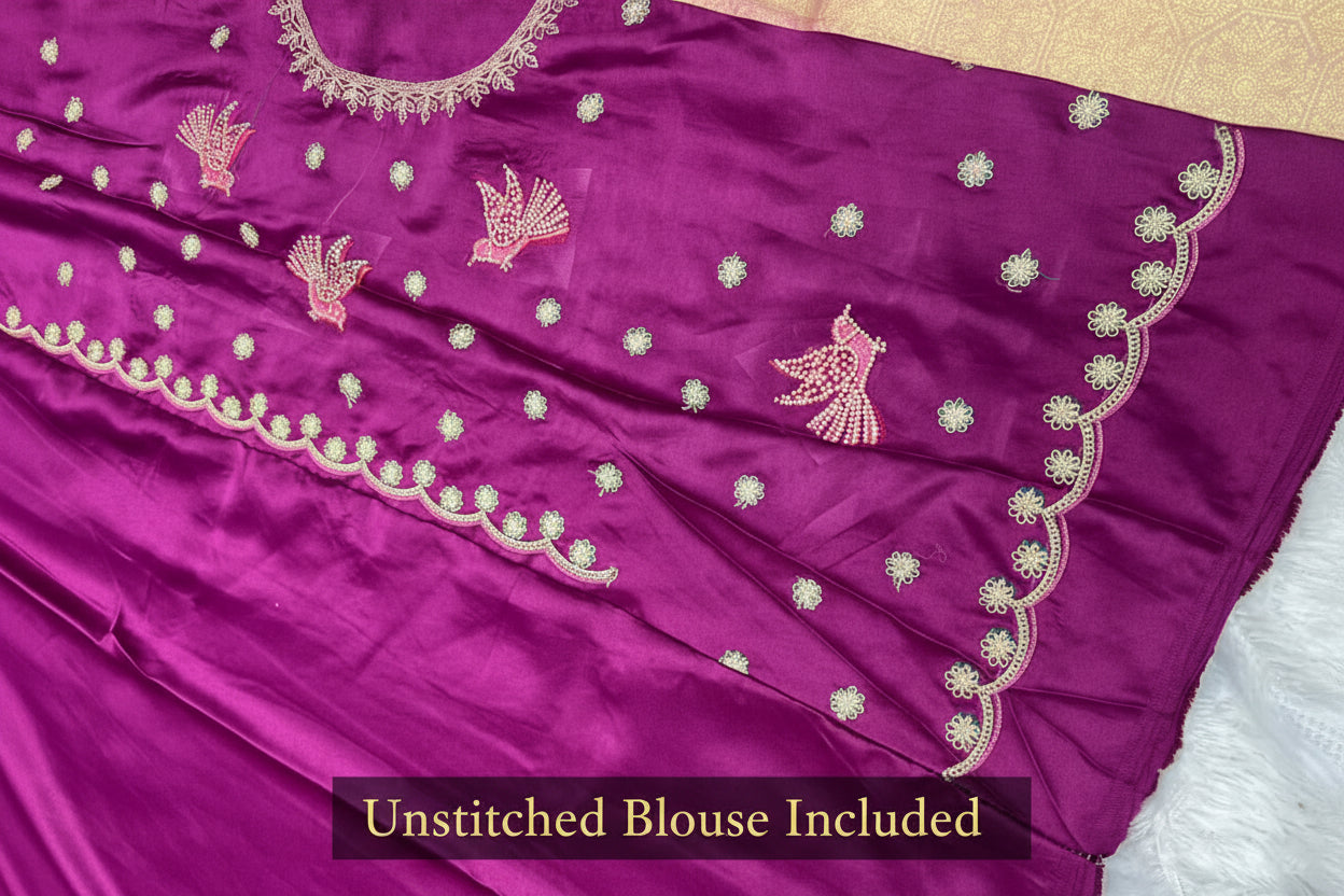 Anula Nexus Premium Viscose Satin Saree for Women | Rose Gold & Magenta Designer Saree With Swarovski, Zarkhan & Sequins Work | Unstitched Blouse Piece-1