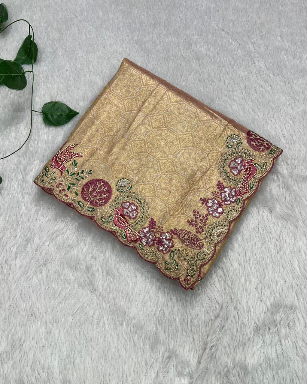 Anula Nexus Premium Viscose Satin Saree for Women | Rose Gold & Magenta Designer Saree With Swarovski, Zarkhan & Sequins Work | Unstitched Blouse Piece-2