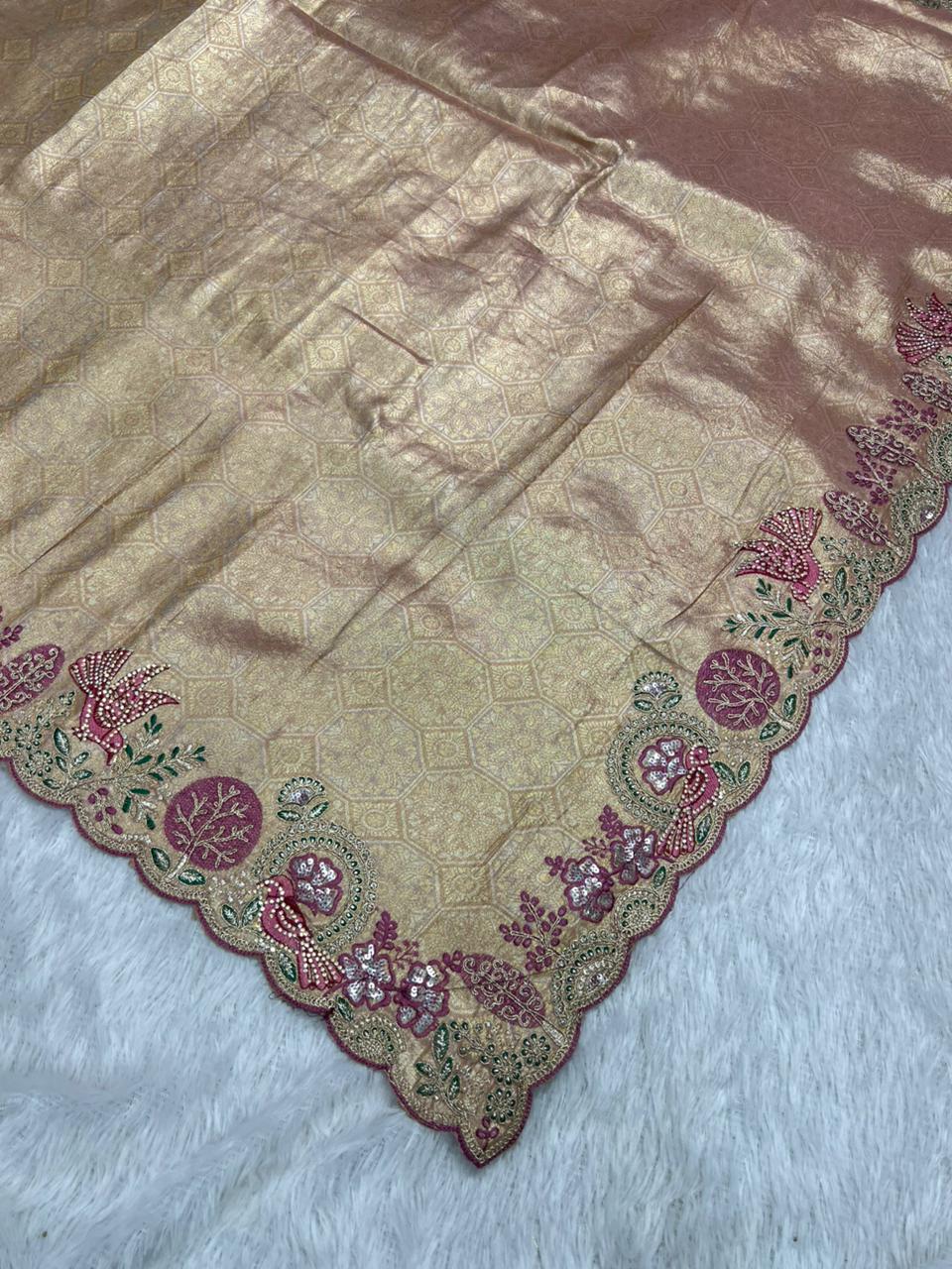 Anula Nexus Premium Viscose Satin Saree for Women | Rose Gold & Magenta Designer Saree With Swarovski, Zarkhan & Sequins Work | Unstitched Blouse Piece-3