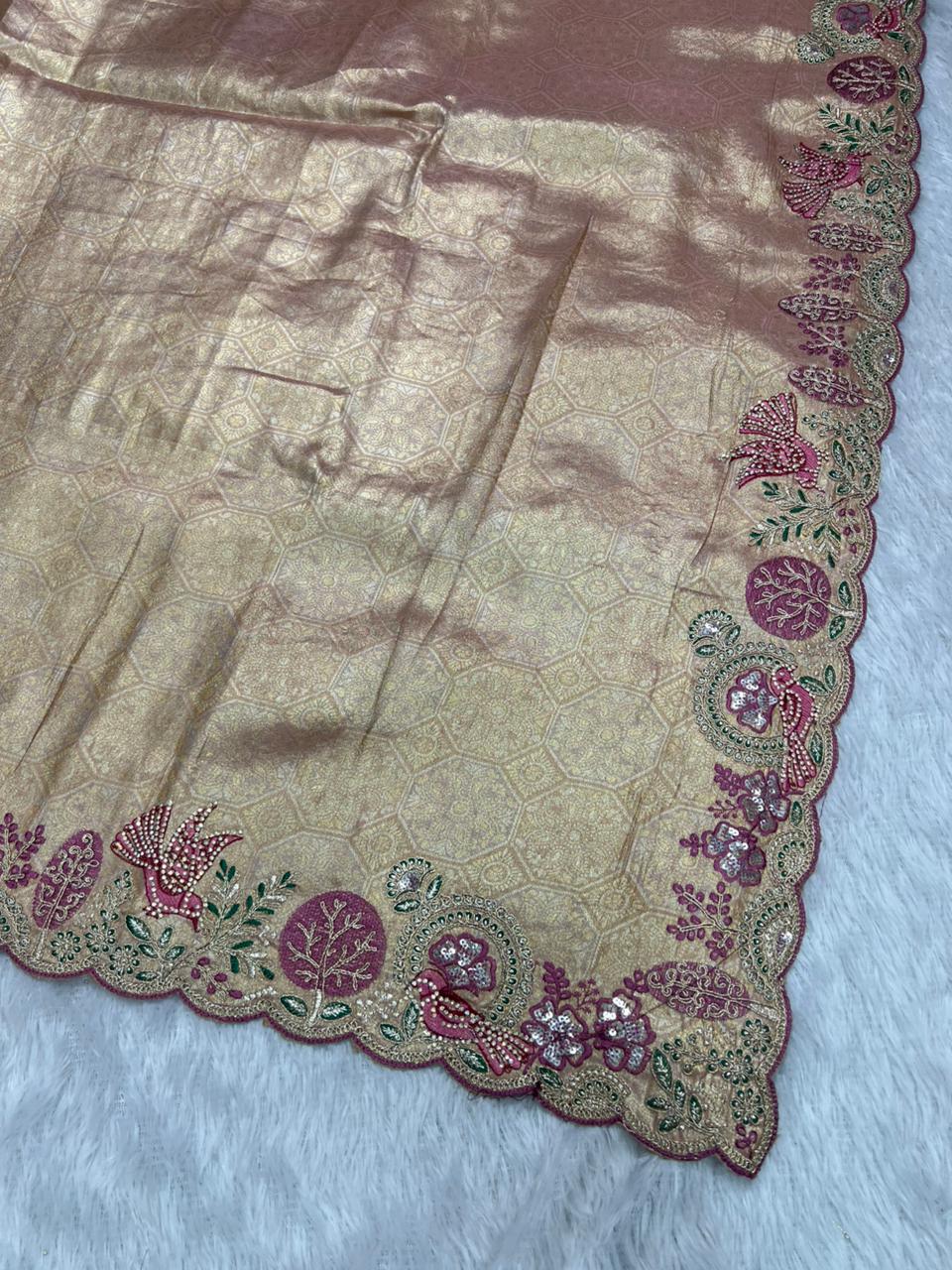 Anula Nexus Premium Viscose Satin Saree for Women | Rose Gold & Magenta Designer Saree With Swarovski, Zarkhan & Sequins Work | Unstitched Blouse Piece-5