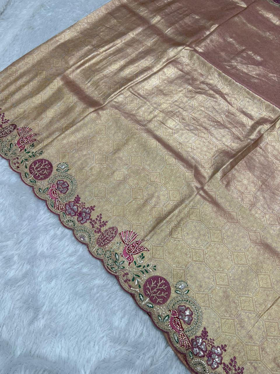 Anula Nexus Premium Viscose Satin Saree for Women | Rose Gold & Magenta Designer Saree With Swarovski, Zarkhan & Sequins Work | Unstitched Blouse Piece-6
