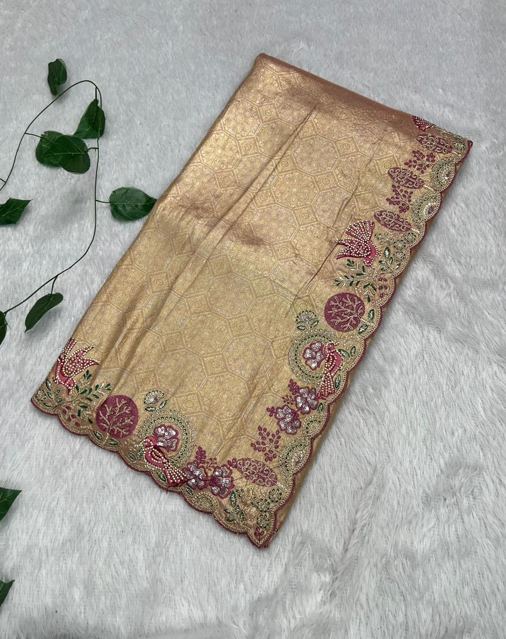 Anula Nexus Premium Viscose Satin Saree for Women | Rose Gold & Magenta Designer Saree With Swarovski, Zarkhan & Sequins Work | Unstitched Blouse Piece