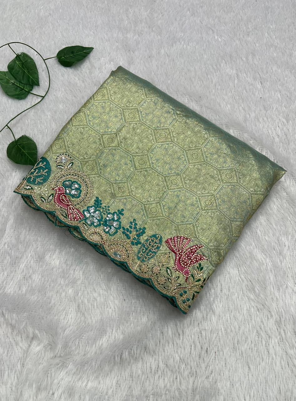 Anula Nexus Premium Viscose Satin Saree for Women | Sage Green & Peacock Blue Designer Saree With Swarovski, Zarkhan & Sequins Work | Unstitched Blouse Piece-2