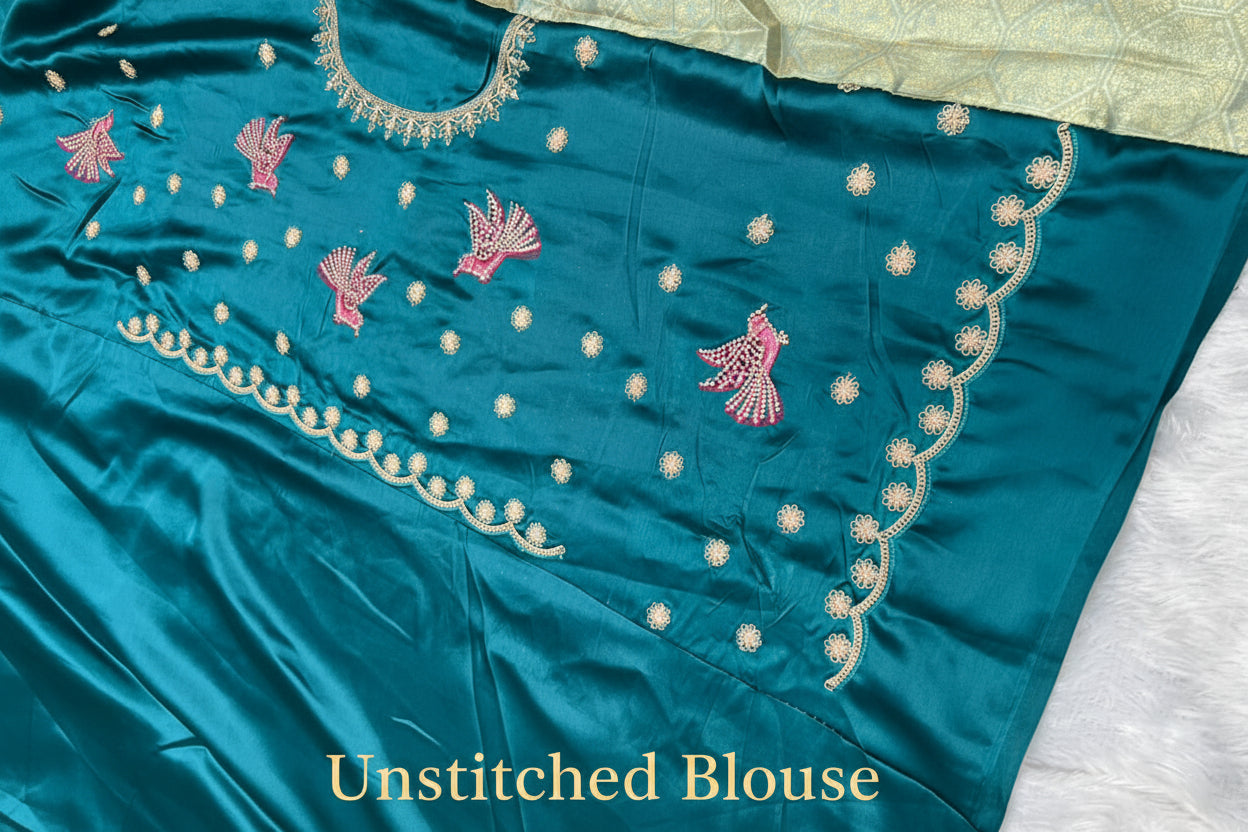 Anula Nexus Premium Viscose Satin Saree for Women | Sage Green & Peacock Blue Designer Saree With Swarovski, Zarkhan & Sequins Work | Unstitched Blouse Piece-3