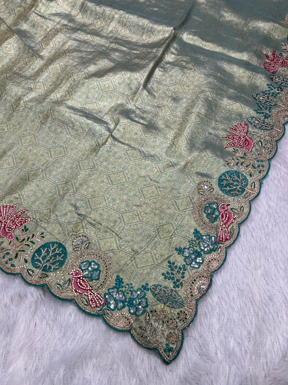 Anula Nexus Premium Viscose Satin Saree for Women | Sage Green & Peacock Blue Designer Saree With Swarovski, Zarkhan & Sequins Work | Unstitched Blouse Piece-4