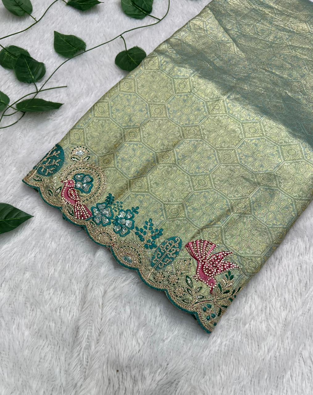 Anula Nexus Premium Viscose Satin Saree for Women | Sage Green & Peacock Blue Designer Saree With Swarovski, Zarkhan & Sequins Work | Unstitched Blouse Piece-5