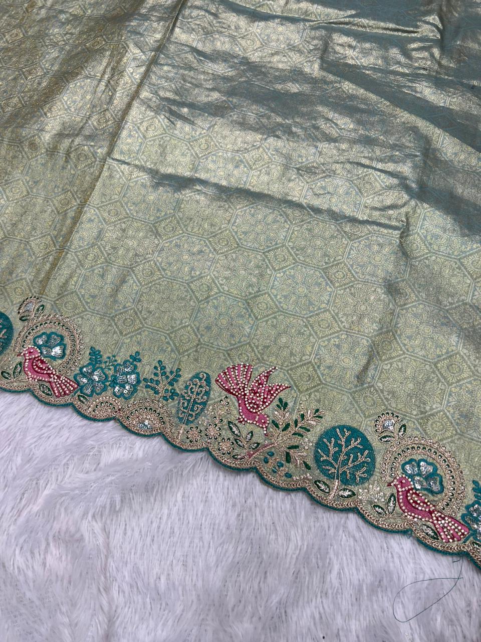 Anula Nexus Premium Viscose Satin Saree for Women | Sage Green & Peacock Blue Designer Saree With Swarovski, Zarkhan & Sequins Work | Unstitched Blouse Piece-6