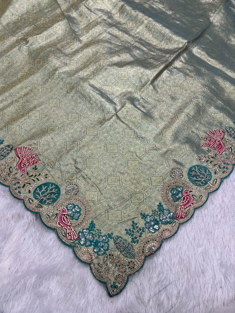 Anula Nexus Premium Viscose Satin Saree for Women | Sage Green & Peacock Blue Designer Saree With Swarovski, Zarkhan & Sequins Work | Unstitched Blouse Piece-7
