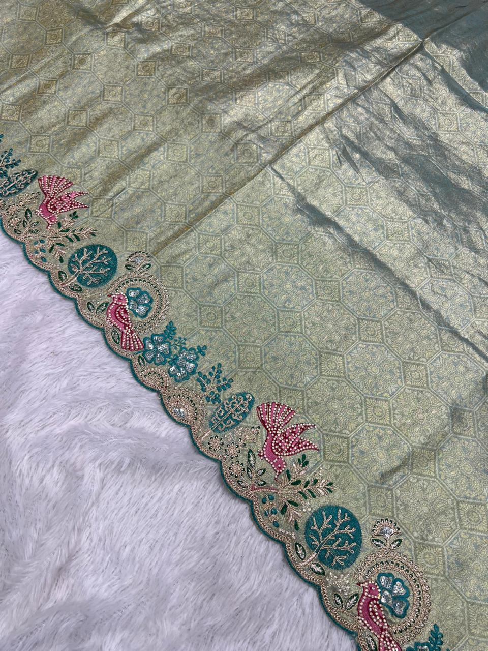 Anula Nexus Premium Viscose Satin Saree for Women | Sage Green & Peacock Blue Designer Saree With Swarovski, Zarkhan & Sequins Work | Unstitched Blouse Piece-8