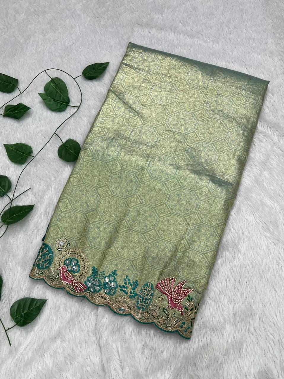 Anula Nexus Premium Viscose Satin Saree for Women | Sage Green & Peacock Blue Designer Saree With Swarovski, Zarkhan & Sequins Work | Unstitched Blouse Piece